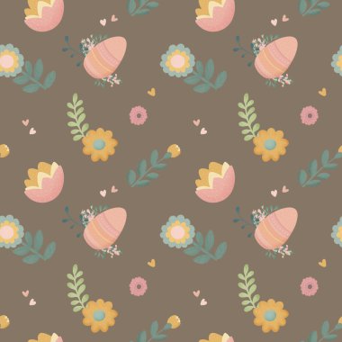 Yumurtalı ve kahverengi yapraklı çiçek elementlerinin paskalya desensiz bir örneği.