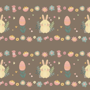 Tavşanlı paskalya deseni ve sıcak kahverengi arka planda çiçekler.