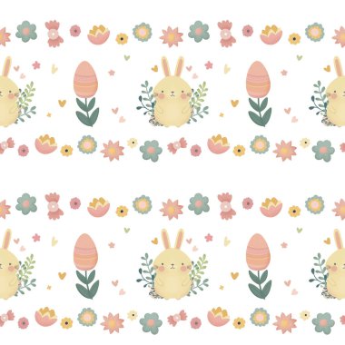 Tavşanlı paskalya deseni ve beyaz arka planda çiçekler.