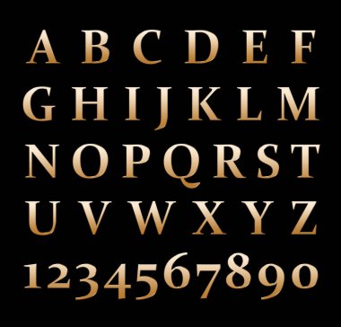 Siyah arkaplanda altın harfler ve sayılar.