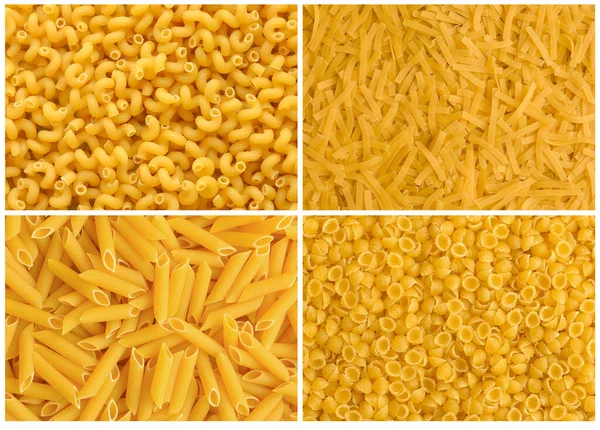 Collage Various Raw Dry Yellow Pasta Avatappi Pasta Macaroni Pipe — стоковое фото