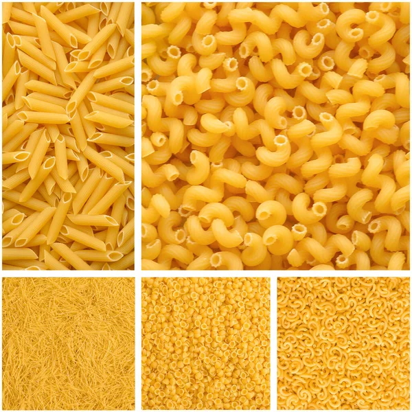 Collage Various Raw Dry Yellow Pasta Penne Pasta Cavatappi Pasta — Stock Photo, Image