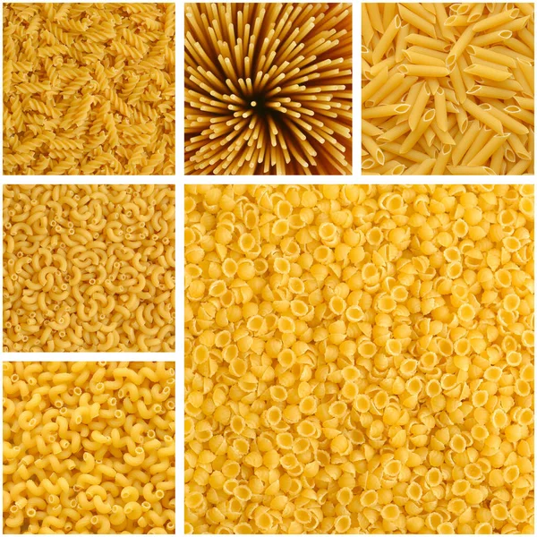 Colaj Diferite Pastă Galbenă Uscată Crudă Fusilli Spaghete Penne Țeavă — Fotografie, imagine de stoc