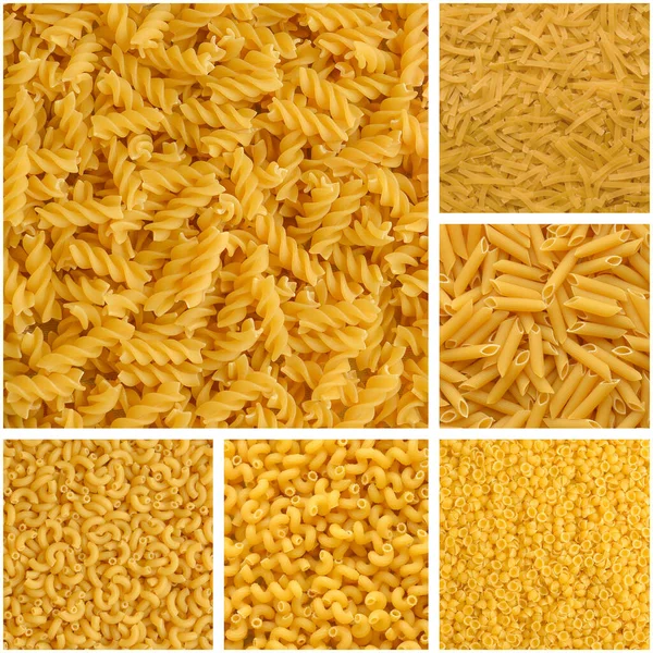 Collage Various Raw Dry Yellow Pasta Fusilli Noodles Penne Macaroni — Foto de Stock