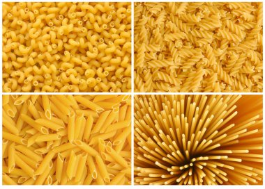 Collage of various raw dry yellow pasta.?avatappi pasta, macaroni pipe, penne pasta, fusilli,spaghetti