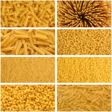 Çeşitli çiğ, sarı pastanelerin kolajı. Fusilli, spagetti, makarna, makarna piposu, Filini vermicelli, küçük kabuk, cavatappi makarna, erişte.
