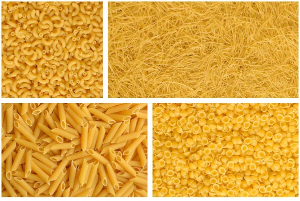 Collage Various Raw Dry Yellow Pasta Macaroni Pipe Filini Vermicelli — Stock Photo, Image
