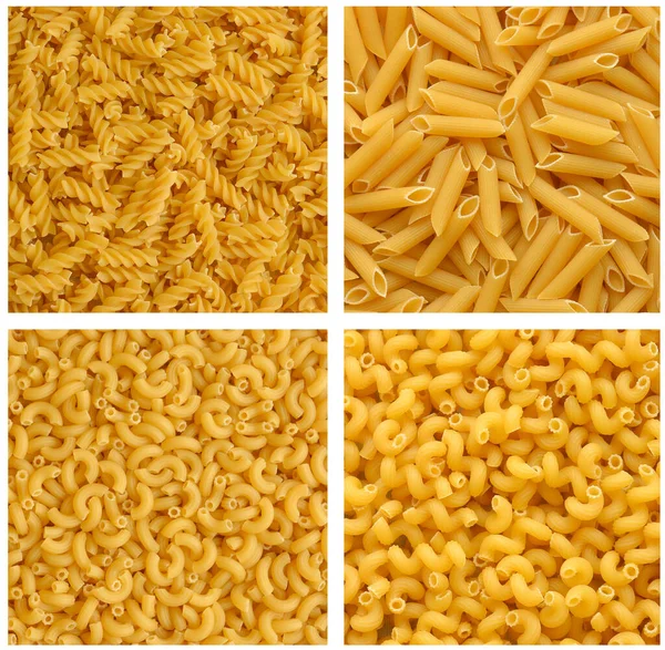 Collage Van Diverse Rauwe Droge Gele Pasta Fusilli Penne Pasta — Stockfoto