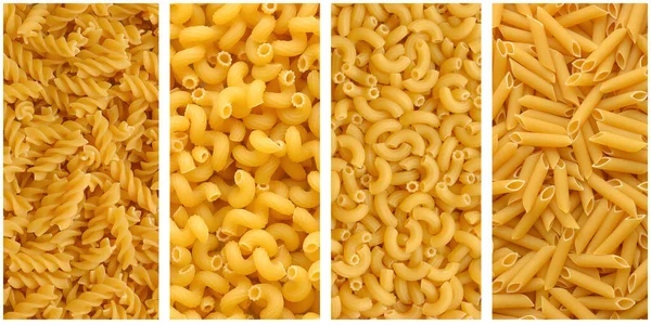 Collage Van Diverse Rauwe Droge Gele Pasta Fusilli Cavatappi Pasta — Stockfoto