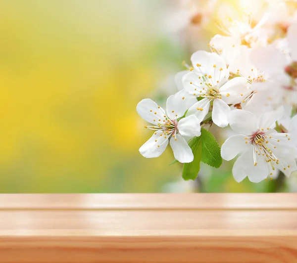 Empty wooden table for product demonstration and presentation against the backdrop of spring blossoms. Banner. Copy space for text