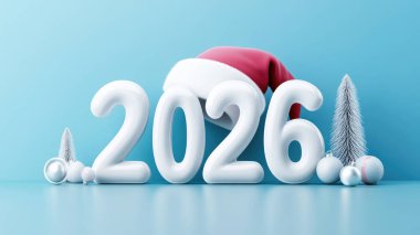 Parlak mavi arka planda Noel Baba şapkası takan 2026 sayılı beyaz resimli üç boyutlu bir çizgi film. Mutlu Noeller için neşeli bir konsept ve fotokopi alanı ile Mutlu Yeni Yıl kutlaması afişi.