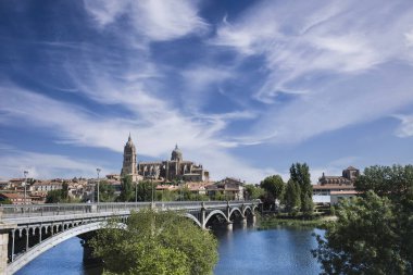 Tormes Nehri üzerindeki Enrique Estevan Köprüsü 'nün manzarası ve arka planda Salamanca Katedrali mavi gökyüzü ve açık beyaz bulutlar.
