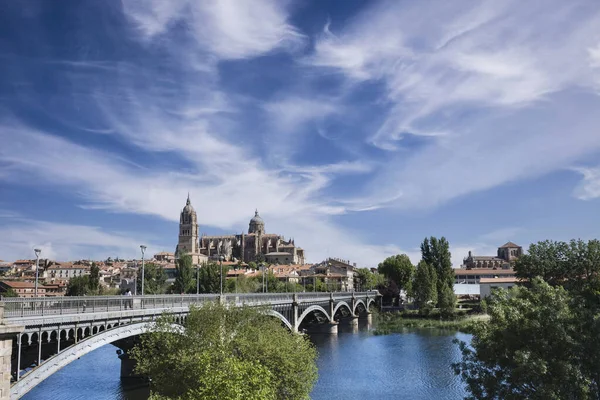 Tormes Nehri üzerindeki Enrique Estevan Köprüsü 'nün manzarası ve arka planda Salamanca Katedrali mavi gökyüzü ve açık beyaz bulutlar.