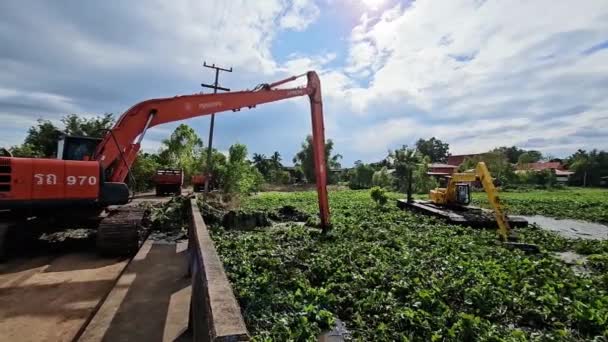 在泰国 机器正在清除水仙花 水仙花堵塞了一条运河 — 图库视频影像