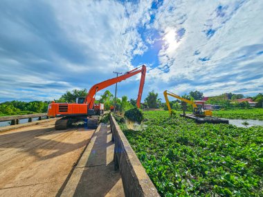Makineler, Tayland 'da su kanalını tıkayan sümbülü kaldırıyor..