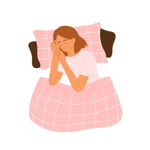Young Woman Sleeping Bed Blanket Asleep Girl Cozy Bed Healthy — Stock Vector