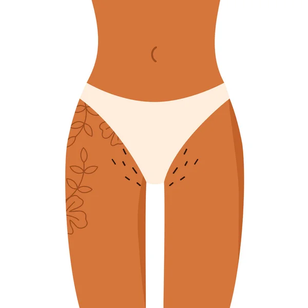 Kvinnliga Höfter Med Blomstertatuering Och Hårig Bikini Pubeshår Kroppen Positiv — Stock vektor