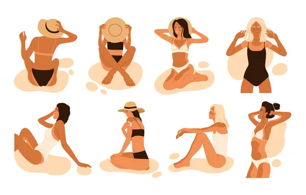 Collection Women Sunburn Girl Sunstroke Set Sun Tanning Exposure Body — Stock Vector