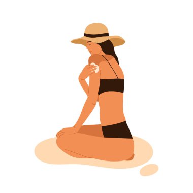 Güneş yanığı losyonu süren bir kadın. Güneş çarpmış bir kız. Güneşlenme, ultraviyole ışığa maruz kalma. Vücut bakımı ve korunma. Çizgi film tarzında vektör illüstrasyonu. İzole edilmiş beyaz arkaplan