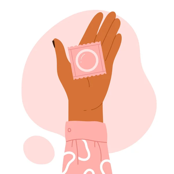 Vrouwelijke Hand Die Een Condoom Vasthoudt Zwangerschap Voorkomen Anticonceptie Bescherming — Stockvector
