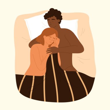 Yatakta seviştikten sonra uyuyan aşk çifti. Erkek ve kadın samimiyetten sonra yalan söylüyor. Cinsel ve romantik ilişkiler kavramı. Çizgi film tarzında vektör illüstrasyonu. İzole edilmiş beyaz arkaplan.