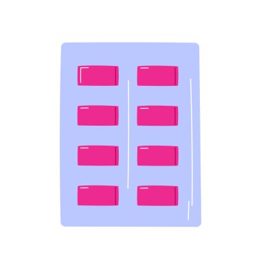 Plastik listede balonlu sakız. Pakette sakız çiğnemek. Bir paket tatlı çiğneme şekeri. Jelibon ambalajı. Çizgi film tarzında vektör illüstrasyonu. İzole edilmiş beyaz arkaplan.