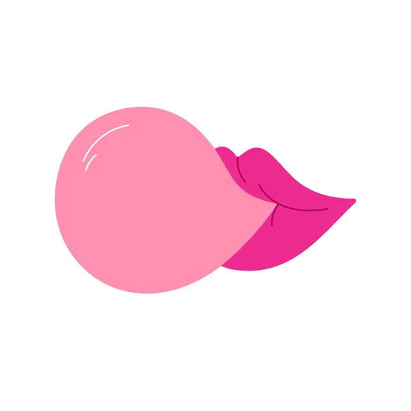 リップスはチューインガムの泡を膨らませます ピンクのバブルガムを吹く女性の唇 甘いチューイングキャンディー 漫画スタイルのベクトルイラスト 隔離された白い背景 — ストックベクタ