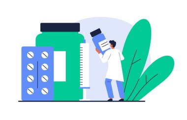 İlaçlı küçük doktor eczacısı: haplar ve şişeler. İlaç, tedavi ve eczane konsepti. Eczane işi. Çizgi film tarzında vektör illüstrasyonu. Beyaz arkaplanda izole.