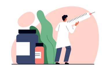 İğne için küçük bir doktor elinde şırınga tutuyor. İlaçlı doktor. İlaç, tedavi ve sağlık hizmetleri konsepti. Çizgi film tarzında vektör illüstrasyonu. Beyaz arkaplanda izole.