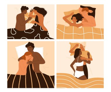 Yatakta seviştikten sonra uyuyan aşk çifti. Yakınlık ve romantik ilişkiler konsept koleksiyonu. Çizgi film tarzında vektör illüstrasyonu. İzole edilmiş beyaz arkaplan.