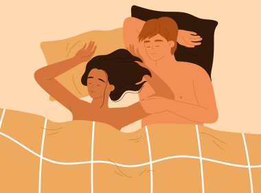 Yatakta seviştikten sonra uyuyan aşk çifti. Erkek ve kadın samimiyetten sonra yalan söylüyor. Cinsel ve romantik ilişkiler kavramı. Çizgi film tarzında vektör illüstrasyonu. İzole edilmiş beyaz arkaplan.