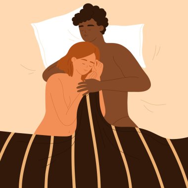 Yatakta seviştikten sonra uyuyan aşk çifti. Erkek ve kadın samimiyetten sonra yalan söylüyor. Cinsel ve romantik ilişkiler kavramı. Çizgi film tarzında vektör illüstrasyonu. İzole edilmiş beyaz arkaplan.