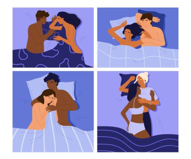 Yatakta seviştikten sonra uyuyan aşk çifti. Yakınlık ve romantik ilişkiler konsept koleksiyonu. Çizgi film tarzında vektör illüstrasyonu. İzole edilmiş beyaz arkaplan. 