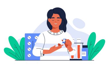 Dijital glukometre kullanan ve şeker ölçen bir kadın. Kan şekeri seviyesi testi. Diyabet hastası bir kadın. Diyabet tedavisi, sağlık hizmetleri. Çizgi film tarzında izole vektör illüstrasyonu