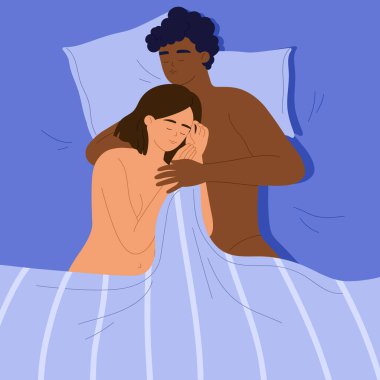 Yatakta seviştikten sonra uyuyan aşk çifti. Erkek ve kadın samimiyetten sonra yalan söylüyor. Cinsel ve romantik ilişkiler kavramı. Çizgi film tarzında vektör illüstrasyonu. İzole edilmiş arkaplan.