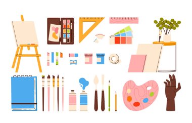 Sanatçı aletleri ayarlandı. Malzeme koleksiyonu. Malzeme çiz: palet, sehpa, fırça, kalem, tuval. Çizgi film tarzında vektör illüstrasyonu. Beyaz arkaplanda izole.