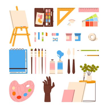 Sanatçı aletleri ayarlandı. Malzeme koleksiyonu. Malzeme çiz: palet, sehpa, fırça, kalem, tuval. Çizgi film tarzında vektör illüstrasyonu. Beyaz arkaplanda izole.