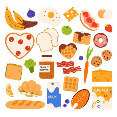 Kahvaltı ürünleri hazır. Taze malzeme koleksiyonuna çeşitli lezzetli ve besleyici yemekler. Öğle yemeği için market ürünleri. Çizgi film tarzında vektör illüstrasyonu. Beyaz arkaplanda izole