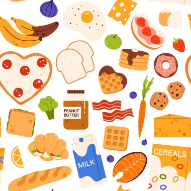 Kahvaltı ürünleri pürüzsüz. Taze malzeme koleksiyonuna çeşitli lezzetli ve besleyici yemekler. Öğle yemeği için market ürünleri. Çizgi film tarzında vektör illüstrasyonu. Beyaz arkaplanda izole