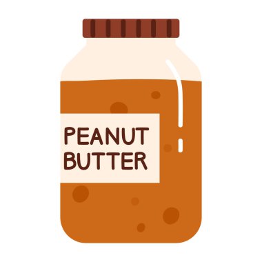Fıstık ezmesi şişesi. Cam kavanozda yüksek proteinli vegan ürünü. Sağlıklı gıda yaşam tarzı. Öğle yemeği ya da kahvaltı için market ürünleri. Çizgi film tarzında vektör illüstrasyonu. Beyaz arkaplanda izole
