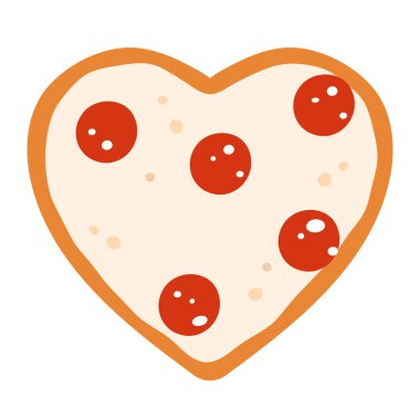 Kalp şeklinde pepperoni pizza. Salamlı pizza. İtalyan romantik fast food. Çizgi film tarzında vektör illüstrasyonu. Beyaz arkaplanda izole