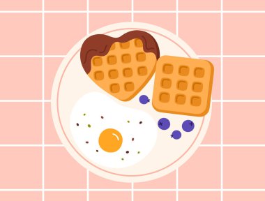 Tabaktaki kahvaltı yemeklerinin en üst görüntüsü. Sağlıklı ev yapımı yumurta, çikolatalı waffle ve yabanmersini. Kahvaltı, öğle yemeği vakti. Lezzetli servis yemekleri. Çizgi film tarzında vektör illüstrasyonu