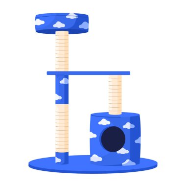 Cat furniture for sleep and plays. Cat tree tower with climbing platforms, cat house and scratching post. Pet house with ball, condo tower. Isolated vector illustration in cartoon style clipart