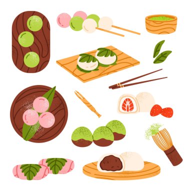 Farklı mochi seti: sakura, warabi mochi, dango, daifuku. Geleneksel Japon tatlı tatlısı. Asyalı pirinç keki. Sağlıklı, organik tatlılar. Çizgi film tarzında izole vektör illüstrasyonu