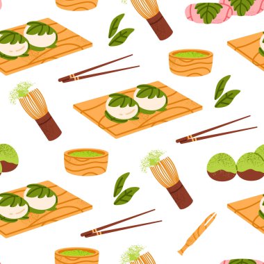 Farklı mochi 'lerin kusursuz deseni: sakura ve daifuku matcha mochi. Geleneksel Japon tatlı tatlısı. Asyalı pirinç keki. Sağlıklı, organik tatlılar. Çizgi film tarzında izole vektör illüstrasyonu