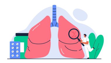Pulmonoloji konsepti. Tıbbi ekipmanı olan küçük bir karakter. Büyüteci olan doktor insan ciğerlerini kontrol ediyor. Solunum sistemi sağlık tedavisi. Çizgi film tarzında izole vektör illüstrasyonu