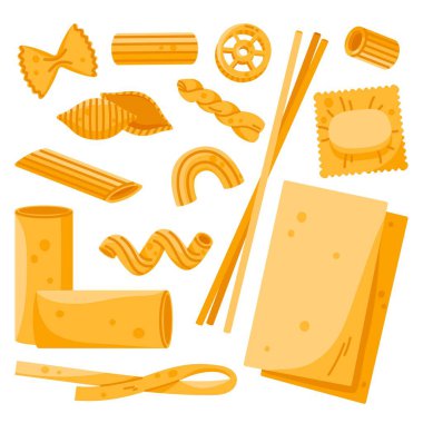 Farklı makarna çeşitleri. Farfalle, ditalini, makarna, makarna, makarna, spagetti, lazanya. Kuru İtalyan yemek koleksiyonu. Çizgi film tarzında vektör illüstrasyonu. İzole edilmiş beyaz arkaplan