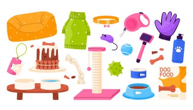 Farklı kedi ekipmanları, aksesuarlar. Bakım, beslenme, tımar ve boş zaman için hayvan dükkânı malzemeleri. Çizgi film tarzında düz vektör çizimi. İzole edilmiş beyaz arkaplan