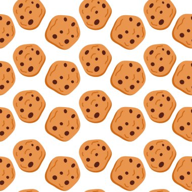Seamless pattern of american cookies with chocolate chips. Traditional tasty biscuits with drops. Vector illustration in cartoon style. Isolated on white background