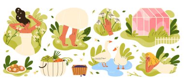Cottagecore yaşam tarzı seti. Samimi kırsal yaşam, yalın ayak doğa yürüyüşleri, bahçe işleri, ev yapımı yemekler ve yumuşak kadınsı şeyleri içerir. Doğa ile uyum. Yavaş yaşam, rahatlatıcı kırsal estetik. İzole vektör illüstrasyonu